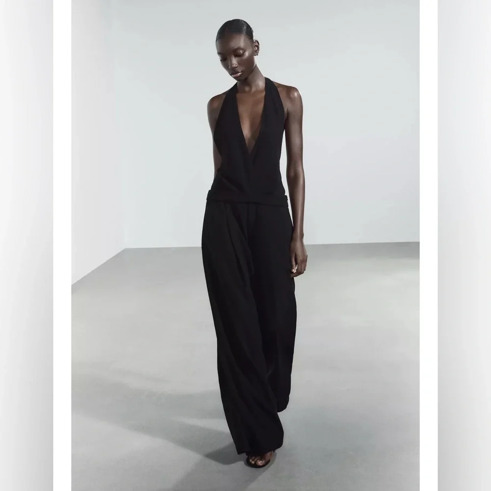 ZARA LONG OPEN BACK JUMPSUIT Black Cotton/Linen Blend XL NWT